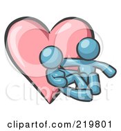 Royalty Free RF Clipart Illustration Of A Denim Blue Design Mascot Couple Embracing In Front Of A Heart by Leo Blanchette