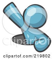 Royalty Free RF Clipart Illustration Of A Denim Blue Design Mascot Man Climbing Out Of A Man Hole