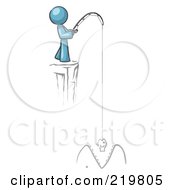 Royalty Free RF Clipart Illustration Of A Denim Blue Design Mascot Man Fishing On A Cliff