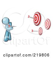 Denim Blue Design Mascot Man Throwing Darts At Targets