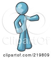 Royalty Free RF Clipart Illustration Of A Denim Blue Design Mascot Woman Presenting