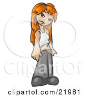 Clipart Picture Illustration Of A Friendly Red Haired Teenage Caucasian Girl In A Tanktop And Pants Tilting Her Head And Standing
