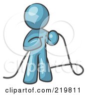 Denim Blue Design Mascot Man Tying Loose Ends Of Cables