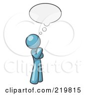 Royalty Free RF Clipart Illustration Of A Denim Blue Design Mascot Man In Thought With A Bubble