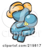 Royalty Free RF Clipart Illustration Of A Denim Blue Woman Avatar Mother Holding Her Baby