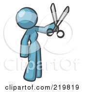 Poster, Art Print Of Denim Blue Woman Standing And Holing Up A Pair Of Scissors
