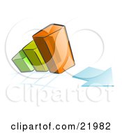 Clipart Picture Illustration Of A Green Yellow And Orange Bar Graph Increasing On A Blue And White Grid With An Arrow