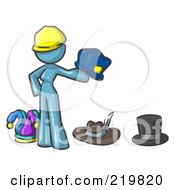 Denim Blue Design Mascot Woman With Many Hats