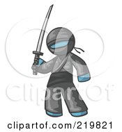 Royalty Free RF Clipart Illustration Of A Denim Blue Man Ninja Holding A Sword