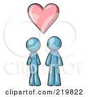 Royalty Free RF Clipart Illustration Of A Denim Blue Design Mascot Couple Under A Denim Blue Heart by Leo Blanchette