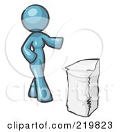 Royalty Free RF Clipart Illustration Of A Denim Blue Design Mascot Man Running Late For Work Over A Crack With A Clock by Leo Blanchette