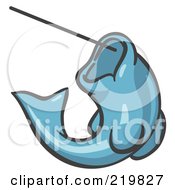 Denim Blue Fish Jumping Up And Biting A Hook On A Fishing Line