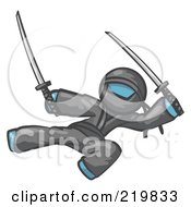 Royalty Free RF Clipart Illustration Of A Denim Blue Man Ninja Kicking And Jumping With Swords