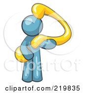 Poster, Art Print Of Denim Blue Man Carrying A Large Yellow Question Mark Over His Shoulder Symbolizing Curiosity Uncertainty Or Confusion