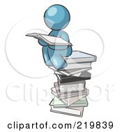 Poster, Art Print Of Denim Blue Design Mascot Man Reading On A Stack Of Books