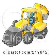Denim Blue Man Operating A Yellow Backhoe Machine At A Construction Site