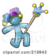 Royalty Free RF Clipart Illustration Of A Denim Blue Design Mascot Man Court Jester Kneeling by Leo Blanchette