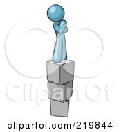 Poster, Art Print Of Denim Blue Design Mascot Man Thinking And Standing On Blocks