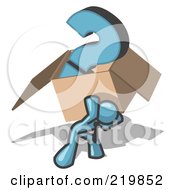 Royalty Free RF Clipart Illustration Of A Denim Blue Man Carrying A Heavy Question Mark In A Box