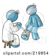 Poster, Art Print Of Denim Blue Male Doctor In A Lab Coat Sitting On A Stool And Bandaging A Patient That Has Been Hurt On The Head Arm And Ankle