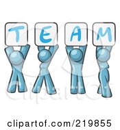 Royalty Free RF Clipart Illustration Of A Denim Blue Design Mascot Group Holding Up Team Signs
