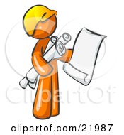 Orange Man Contractor Or Architect Holding Rolled Blueprints And Designs And Wearing A Hardhat