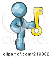 Royalty Free RF Clipart Illustration Of A Denim Blue Businessman Holding Up A Large Golden Skeleton Key