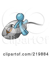 Royalty Free RF Clipart Illustration Of A Denim Blue Man Leaning Against A Computer Mouse