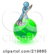 Poster, Art Print Of Denim Blue Man Using A Wet Mop With Green Cleaning Products To Clean Up The Environment Of Planet Earth