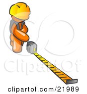 Orange Man Contractor Wearing A Hardhat Kneeling And Measuring