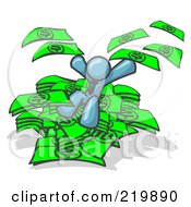 Royalty Free RF Clipart Illustration Of A Denim Blue Business Man Jumping In A Pile Of Money And Throwing Cash Into The Air