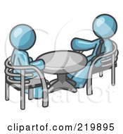 Poster, Art Print Of Two Denim Blue Business Men Sitting Across From Eachother At A Table During A Meeting