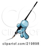 Royalty Free RF Clipart Illustration Of A Denim Blue Man Drawing A Line With A Large Black Calligraphy Ink Pen