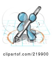 Royalty Free RF Clipart Illustration Of A Denim Blue Man Holding A Pencil And Drawing A Circle On A Blueprint