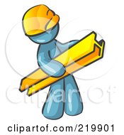 Poster, Art Print Of Denim Blue Man Construction Worker Wearing A Hardhat And Carrying A Beam At A Work Site