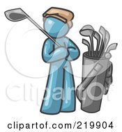 Royalty Free RF Clipart Illustration Of A Denim Blue Man Standing By His Golf Clubs by Leo Blanchette