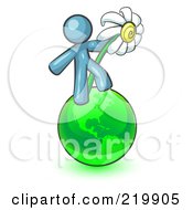 Poster, Art Print Of Denim Blue Man Standing On The Green Planet Earth And Holding A White Daisy Symbolizing Organics And Going Green For A Healthy Environment