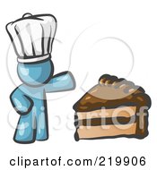 Poster, Art Print Of Denim Blue Chef Man Wearing A White Hat And Presenting A Tasty Slice Of Chocolate Frosted Cake