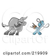 Poster, Art Print Of Denim Blue Man Holding A Stool And Whip While Taming A Bull Bull Market