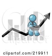Poster, Art Print Of Denim Blue Man Using A Laptop Computer Riding The Increasing Arrow Line On A Business Chart Graph