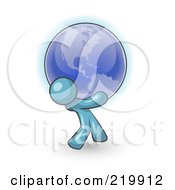 Poster, Art Print Of Denim Blue Man Carrying The Blue Planet Earth On His Shoulders Symbolizing Ecology And Going Green