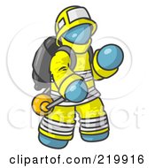 Poster, Art Print Of Denim Blue Fireman In A Uniform Fighting A Fire