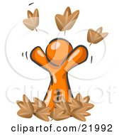 Clipart Picture Illustration Of A Happy Orange Man Tossing Up Autumn Leaves In The Air Symbolizing Happiness Freedom And Being Carefree