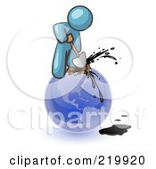 Poster, Art Print Of Denim Blue Man Using A Shovel To Drill Oil Out Of Planet Earth