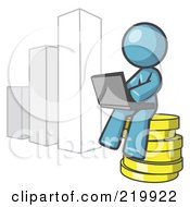 Poster, Art Print Of Denim Blue Man Sitting On Coins And Using A Laptop By A Bar Graph