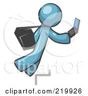 Poster, Art Print Of Distracted Denim Blue Man Tripping On Steps While Texting On A Cell Phone