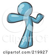 Royalty Free RF Clipart Illustration Of A Denim Blue Man Stretching His Arms And Back Or Punching The Air