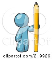 Poster, Art Print Of Denim Blue Man Holding Up And Standing Beside A Giant Yellow Number Two Pencil