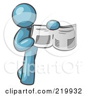 Royalty Free RF Clipart Illustration Of A Denim Blue Man Holding Up A Newspaper And Pointing To An Article