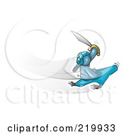 Poster, Art Print Of Denim Blue Man Holding Up A Sword And Flying On A Magic Carpet
